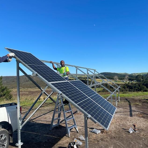 Section of a 20 kW off-grid solar array on a farm in Dargaville, New Zealand.